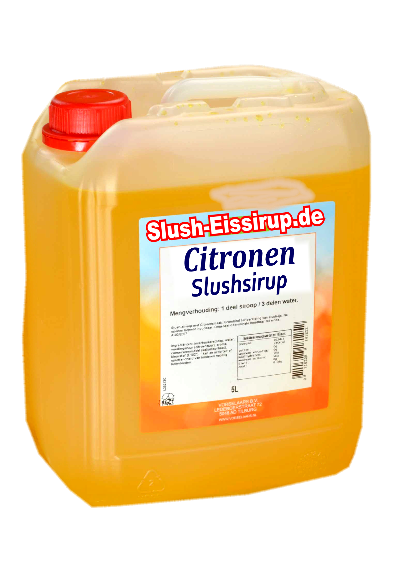 Slush-Sirup mit Zitronengeschmack – 5-Liter-Tank – Vorselaars – www.slush-eissirup.de
