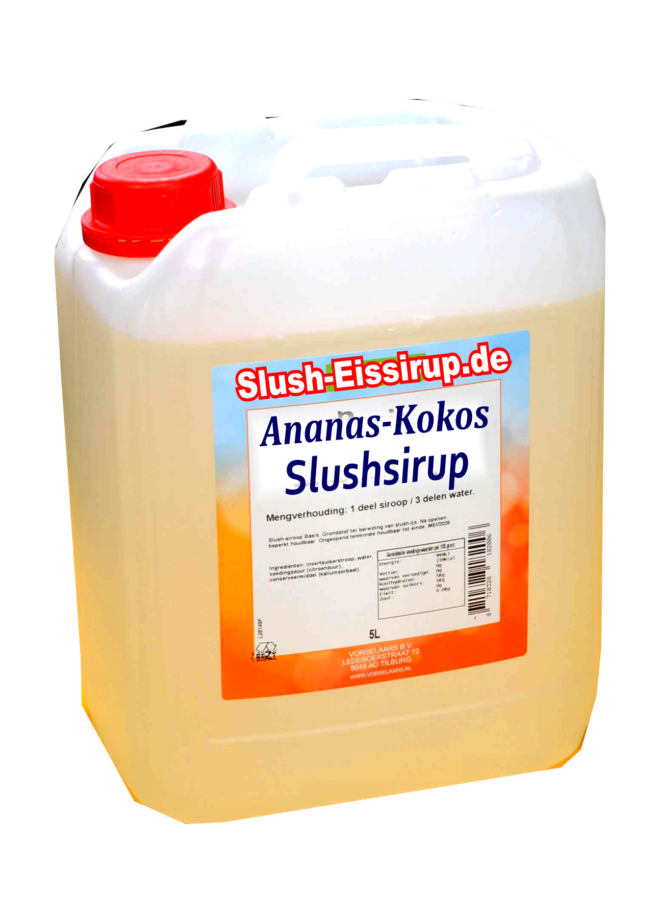 Slush-Sirup mit Ananas-Kokos-Geschmack – 5-Liter-Tank – Vorselaars – www.slush-eissirup.de